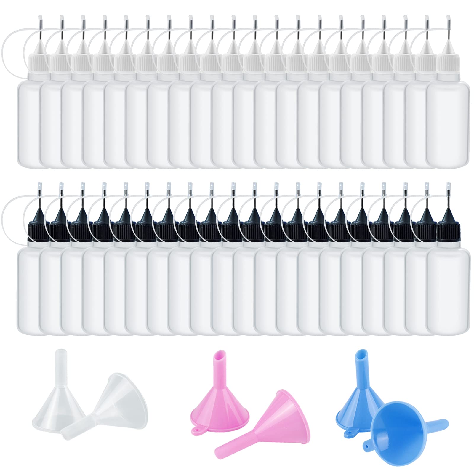 TTYSHIP Pack of 40 Needle Bottles, Plastic Applicator Bottles, Precision Tip Applicator Bottles, with 6 Funnels, Small, for Crafts, Oils, Glues, Paints and Alcohol Inks (10 ml)