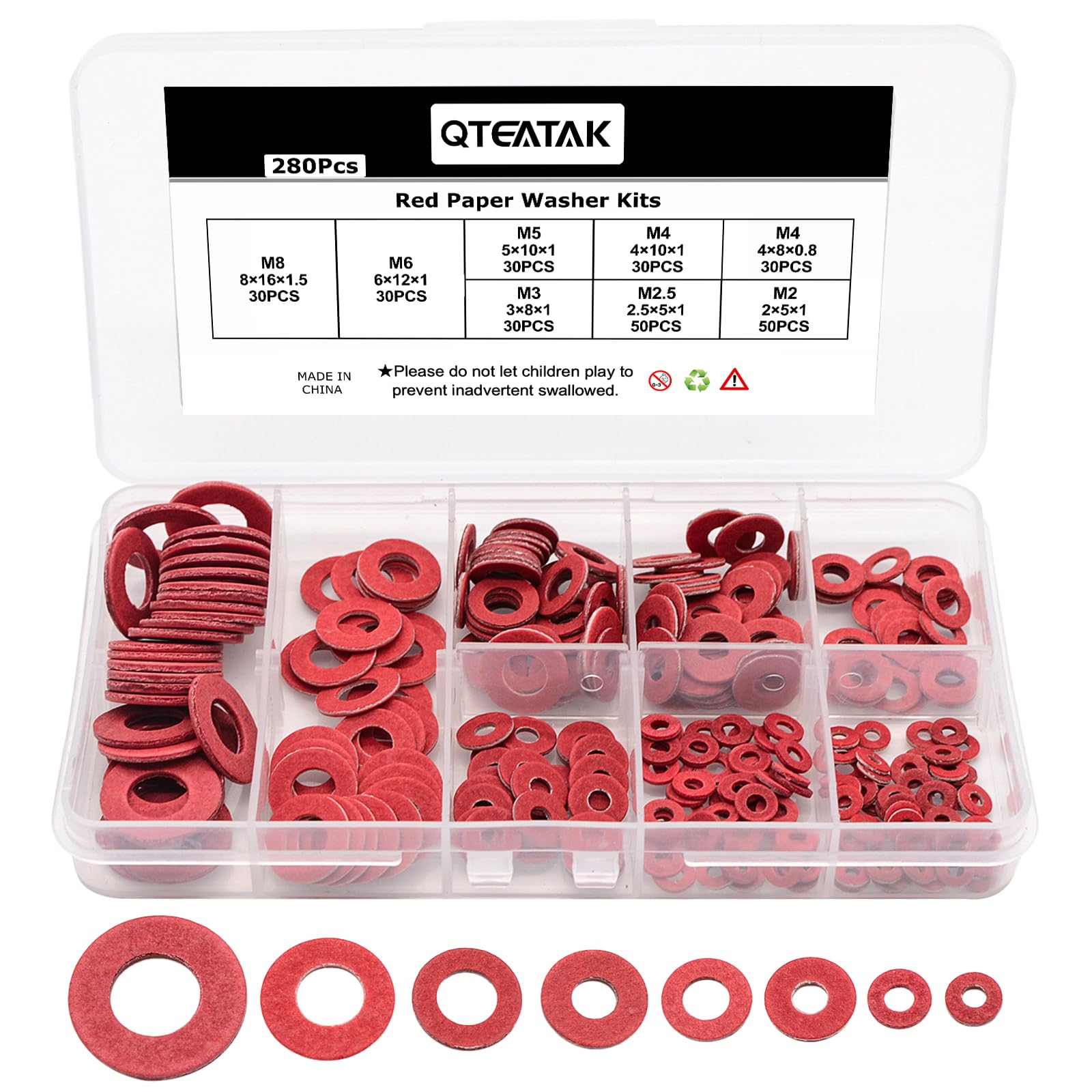 Photo 1 of QTEATAK 8 Size M2 M2.5 M3 M4 M5 M6 M8 Red Steel Paper Fiber Flat Insulation Washers Assorted Kit with Box (280Pcs)