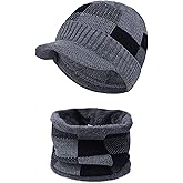 HH HOFNEN Winter Beanie Scarf Set for Men Women knitted Visor Warm Thick Fleece Lined Hat Neck Warmer for Outdoor