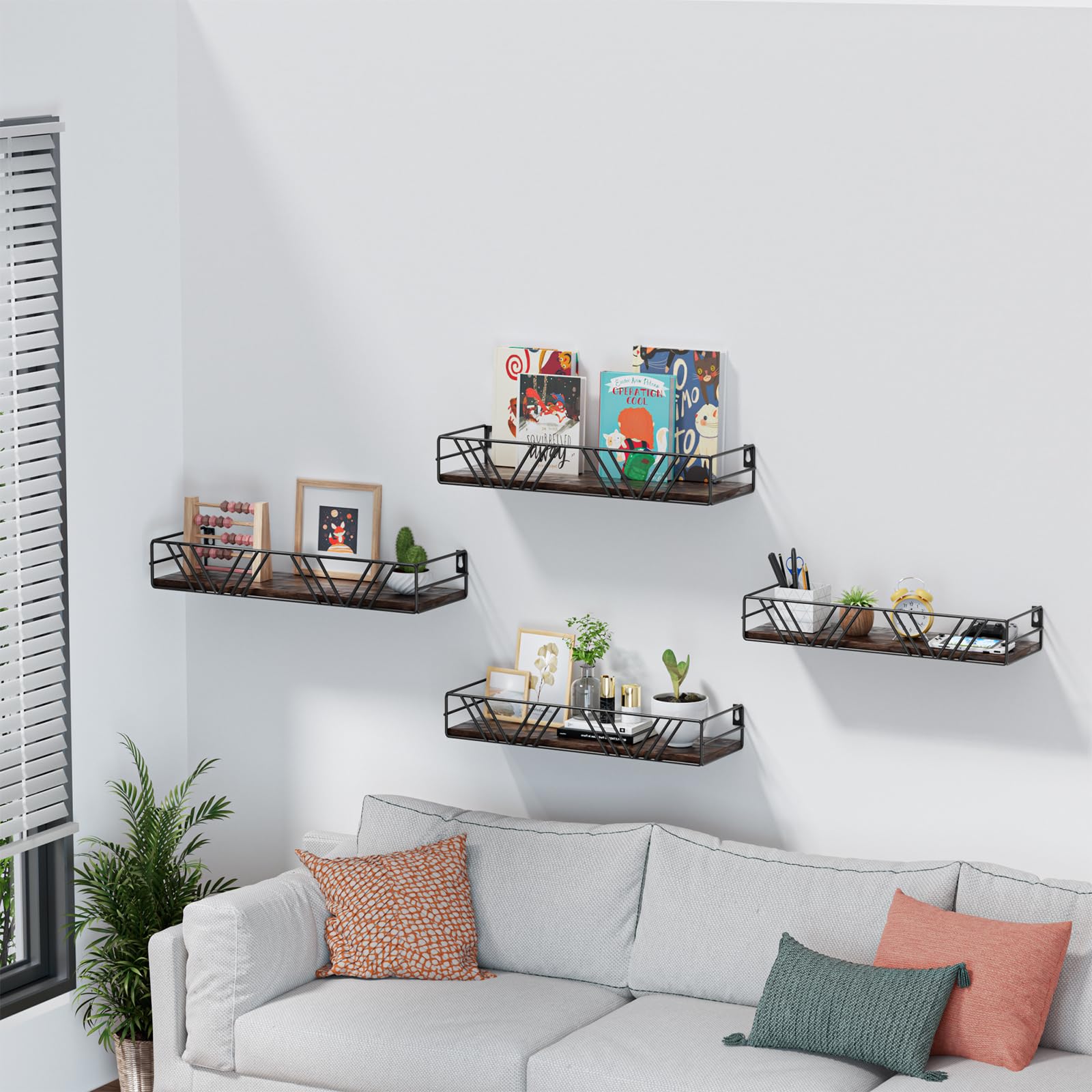 Photo 1 of Floating Shelves for Wall Set of 4, Different Sizes Mounted Wood Floating Shelf, Wall Shelves for Living Room, Bedroom, Bathroom, Kitchen, Farmhouse Decor, Office