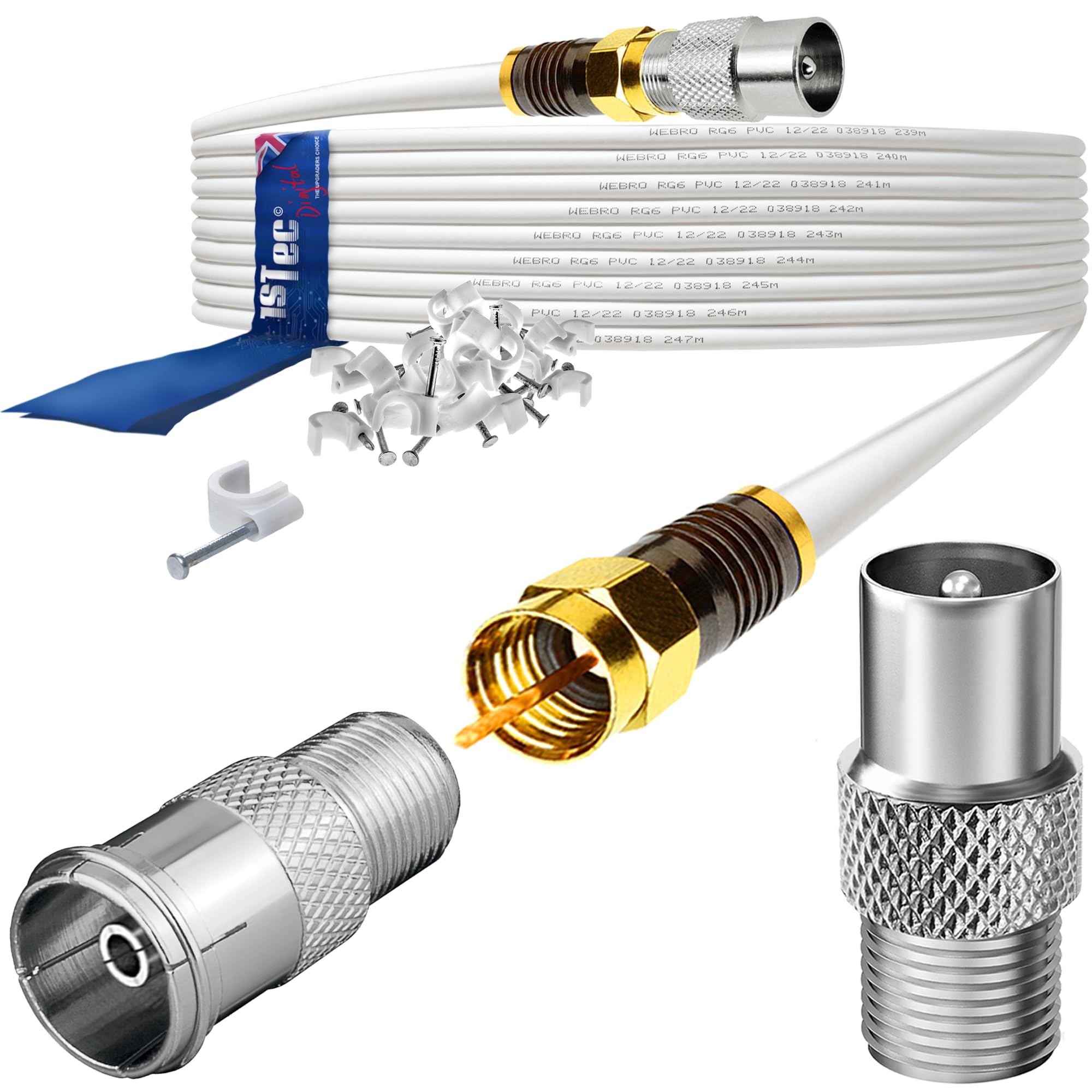 1STec 7m Digital TV Male to M or Female Gold Plated F-Connector Webro TiVo Cable for FreeView HD Freesat BT YouView Satellite Dish or Rooftop Aerial to Wall Box Plug or Socket Lead (7 Metre, White)