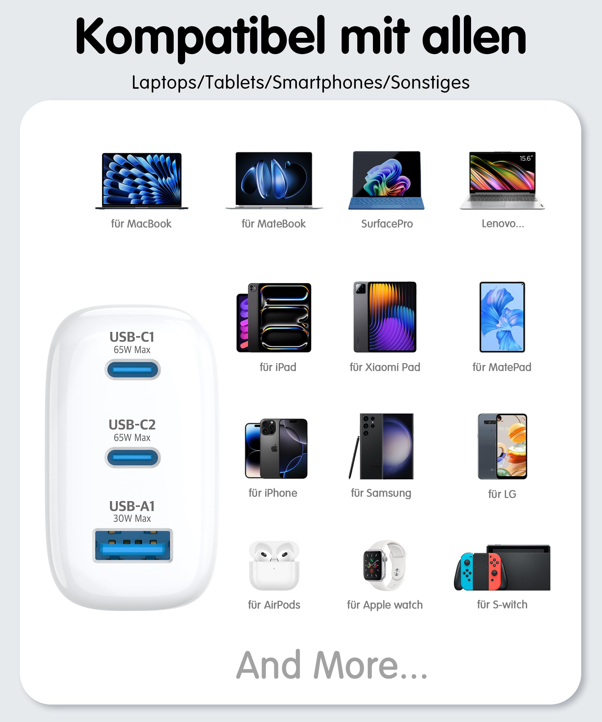 HARIBO USB C Ladegerät 65W 3-Port GaN Schnellladegerät PD/PPS Kompaktes USB-C Netzteil für MacBook Pro/Air, für iPhone 17/16/15, Galaxy S25/S24, iPad Pro, Pixel, Steam, Laptop, Geschenk, Blau 5