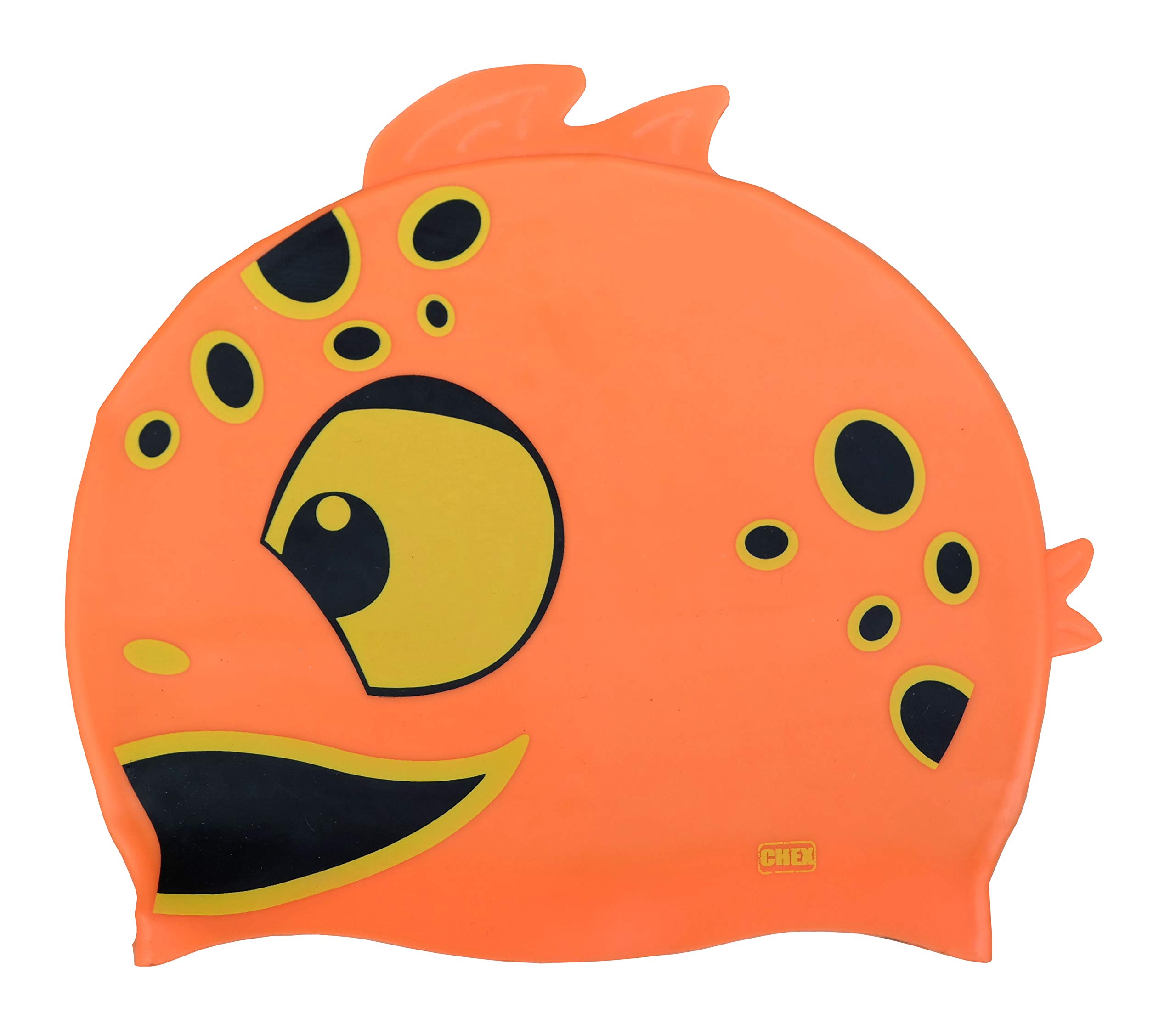 CHEX Stretchy Silicone Unisex Girls Boys 3-7 Years One Piece Swimming Hat Swim Cap Spotty Fish Double Fin Print Design One Size Pull On Swim Hat (Orange)