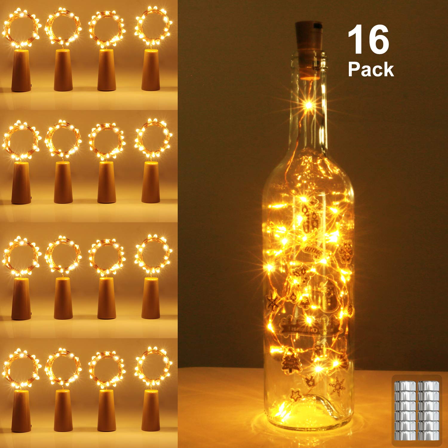 【16 Pack】 Bottle Lights with Cork,2M 20 LED Copper Wire Battery Operated Wine Bottles Fairy Light for Gift DIY LED String Lights for Indoor Bedrooms Birthday Wedding Halloween Christmas Decoration