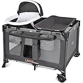 LIVINGbasics 4 in 1 Baby Playard, Foldable Baby Bassinet with Removable Cradle and Changing Table for Home/Travel/Outdoor