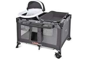 LIVINGbasics 4 in 1 Baby Playard, Foldable Baby Bassinet with Removable Cradle and Changing Table for Home/Travel/Outdoor