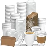 Ginkgo 100 Pack 8 oz Thickened Paper Coffee Cups with White Lids and Sleeves, Disposable To Go Coffee Cups for Espresso Coffee, Hot Chocolate and Cocoa