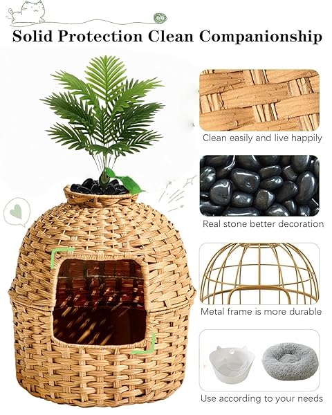 CAT LITTER BOX PLANT FURNITURE ENCLOSURE WITH ARTIFICIAL PLANT, DECORATIVE HANDWOVEN RATTAN ROUND PLANTER, CARBON FILTER FOR ODOR CONTROL, EASY-TO-CLEAN,IN LIVING ROOM, BEDROOM, CORNER, NATURAL