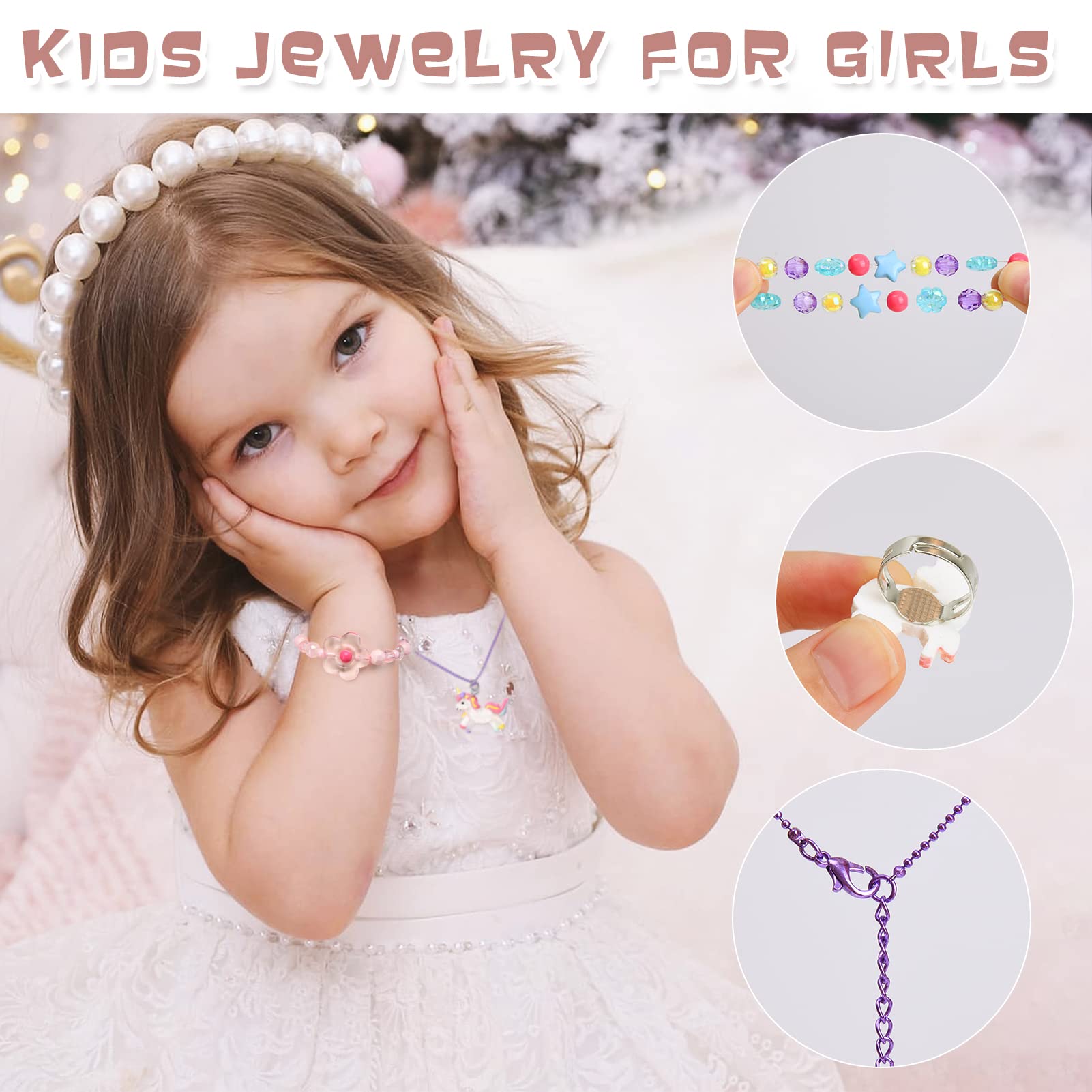 Lorfancy 18 PCS Kids Jewelry for Girls Bracelets Necklaces Rings Set Toddler Unicorn Butterfly Beaded Bracelet adjustable colorful Friendship Dress up Jewelry Gifts (A)