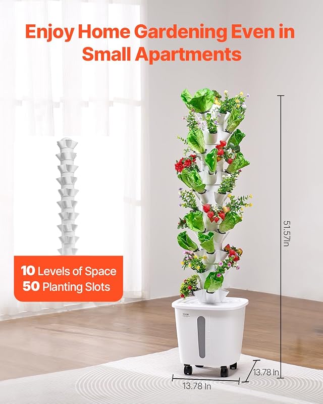 Sistema di Coltivazione Idroponica, 50 Baccelli Verticali a 10 Livelli, Torre Idroponica Mobile con Pompa dell'Acqua e Ruote, Germinazione Interno, per Erbe Aromatiche Frutta Verdura