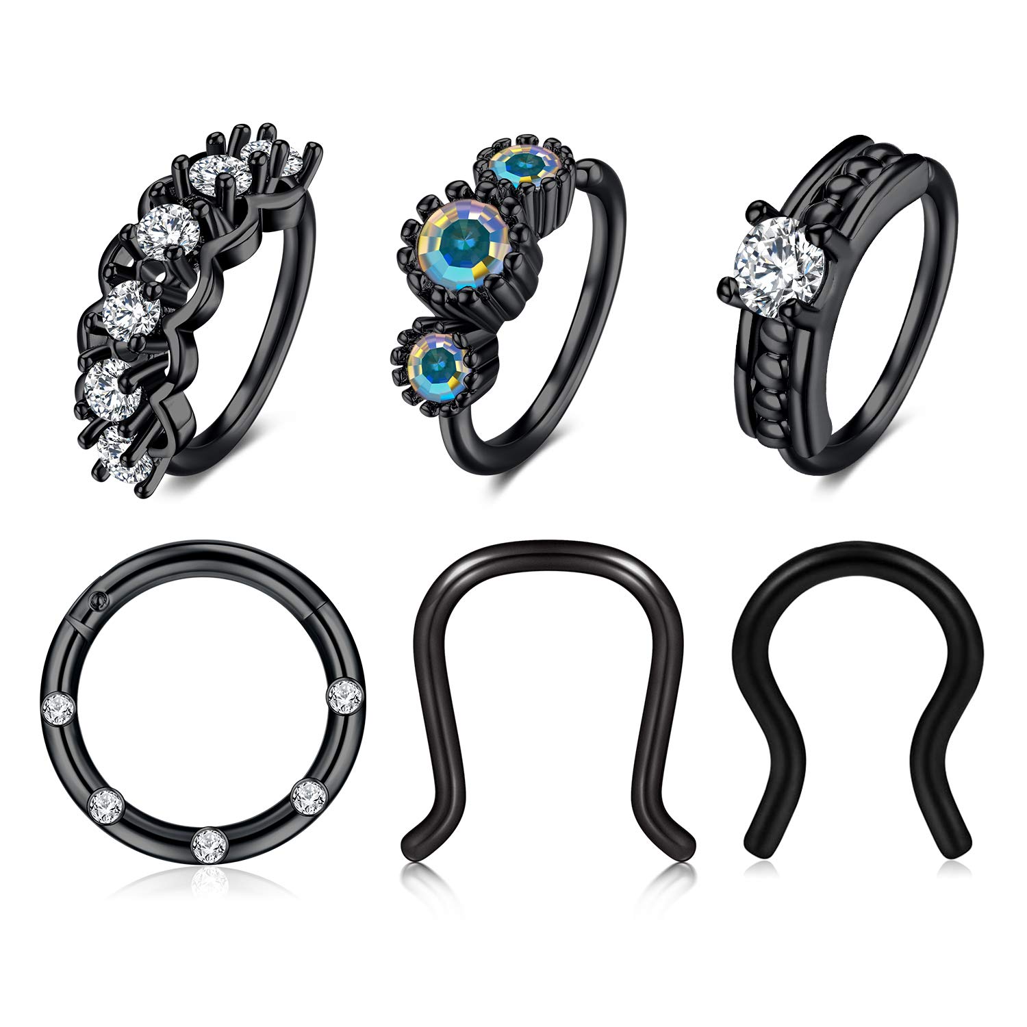 VFUN Nose Septum Rings Stainless Steel Daith Earrings Hinged Clicker U Shaped Septum Jewellery Nose Hoop Piercing 6PCS - Black