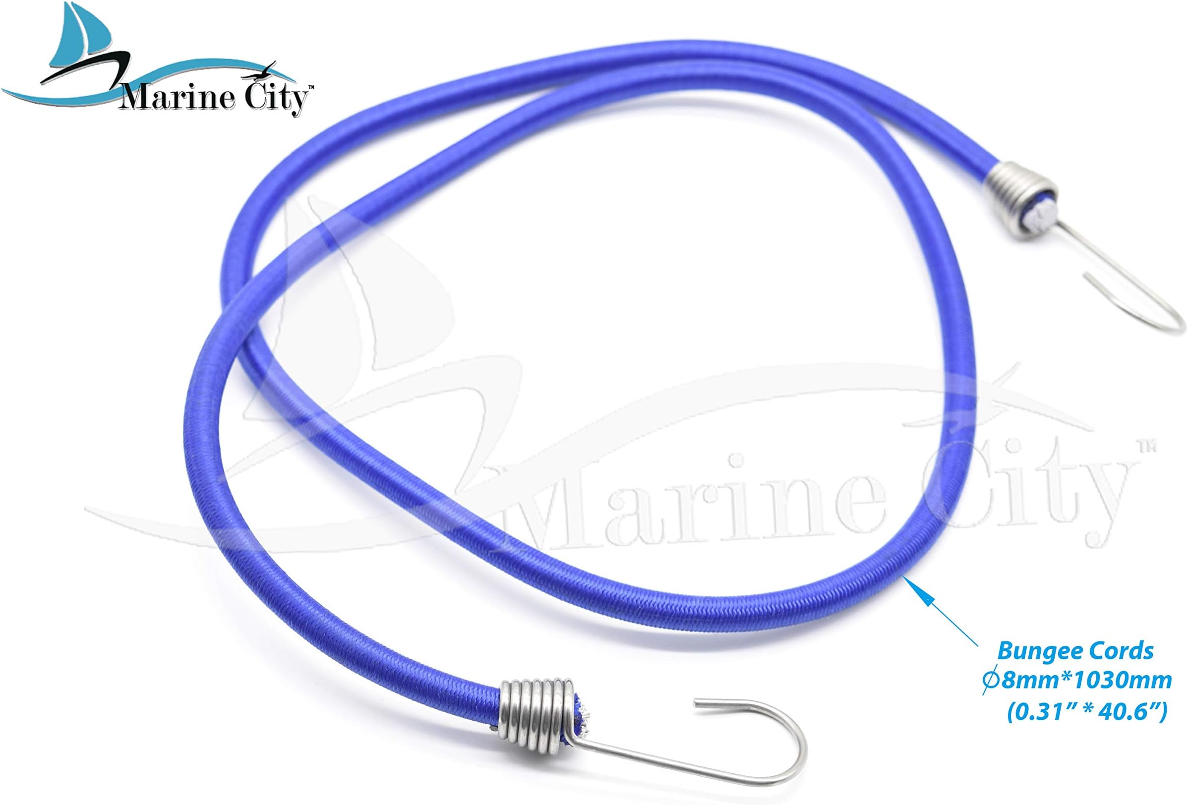 MARINE CITYBlue Bungee Cord with Stainless Steel Hook โ 40 Inches, Durable, Weatherproof for Marines, Boats, Camping, Ships, Tie Downs Bungee Cord (Pack of 4)