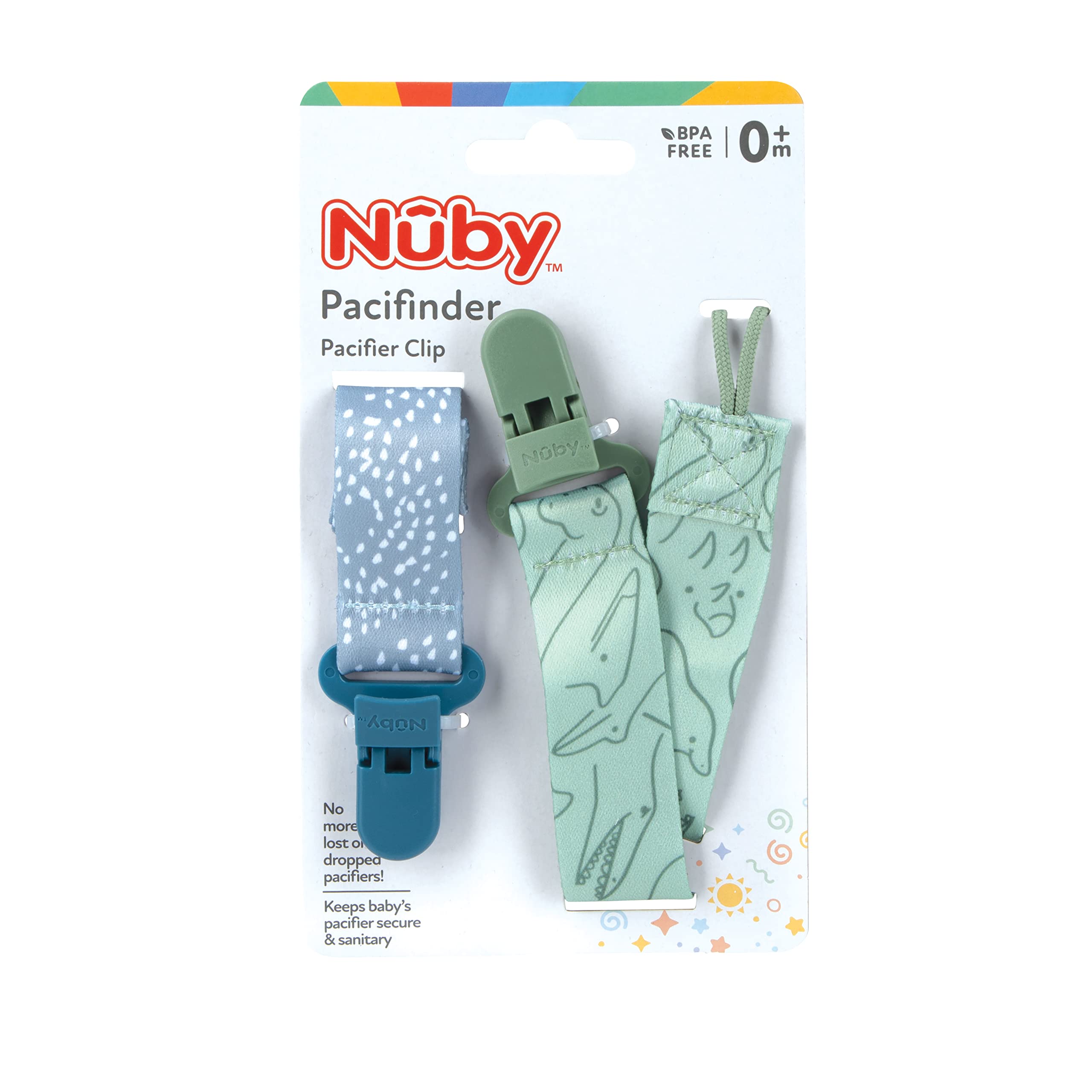 Nuby Pacifinder Baby Pacifier Clip - (2-Pack) - Pacifier Holder Clip with Convenient Hook Loop - Blue Dots and Green Dino