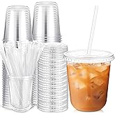 Ziliny 50 Sets Clear Plastic Cups with Lids and Straws, Disposable Iced Coffee Cups Drinking PET for Cold Drinks, Juice, Smoothie, Coffee Shops, Party, Christmas (Clear,14 oz)