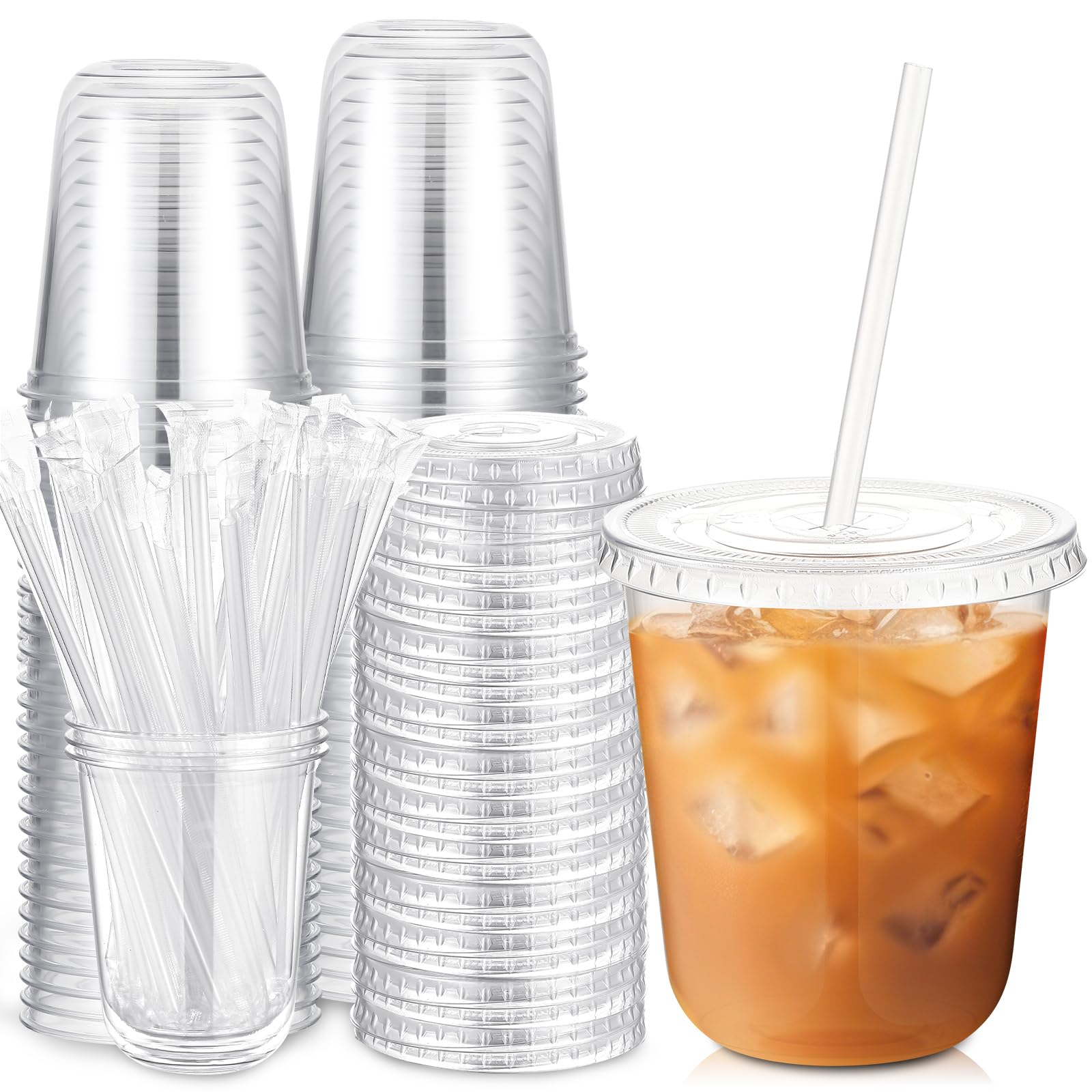 Photo 1 of Ziliny 50 Sets Clear Plastic Cups with Lids and Straws, Disposable Iced Coffee Cups Drinking PET for Cold Drinks, Juice, Smoothie, Coffee Shops, Party, Christmas (Clear,14 oz)