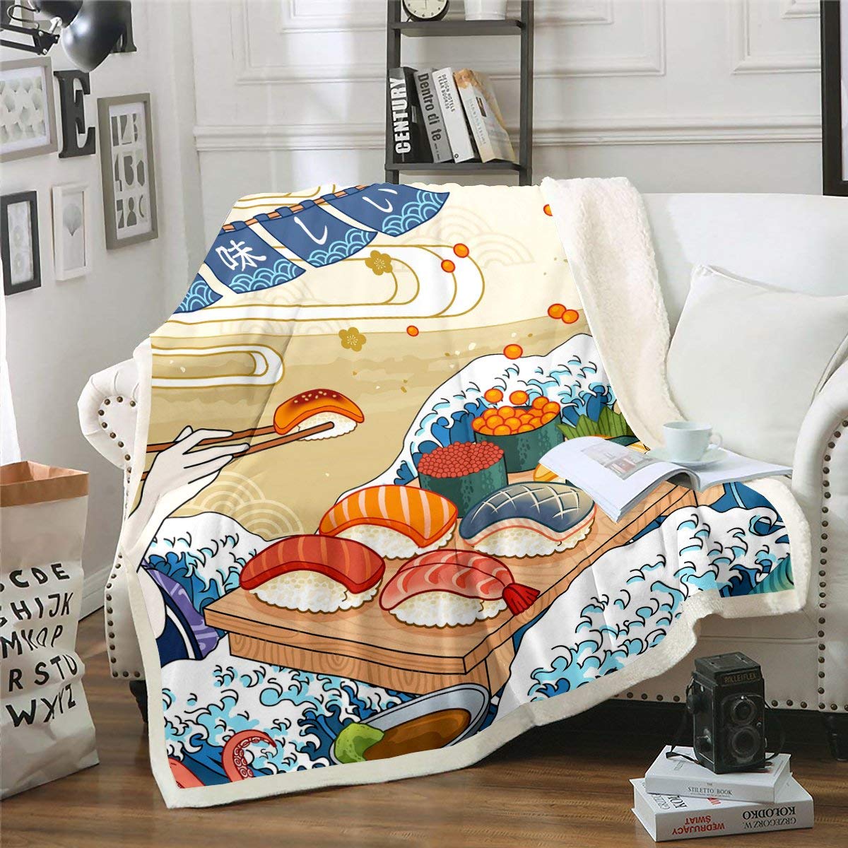 Homemissing Sushi Pattern Plush Blanket Japanese Style Sherpa Blanket For Kids Boys Girls Cute Cartoon Sushi Wave Fleece Throw Japanese Cuisine Decor Fuzzy For Sofa Bed,Single 50x60 Inch