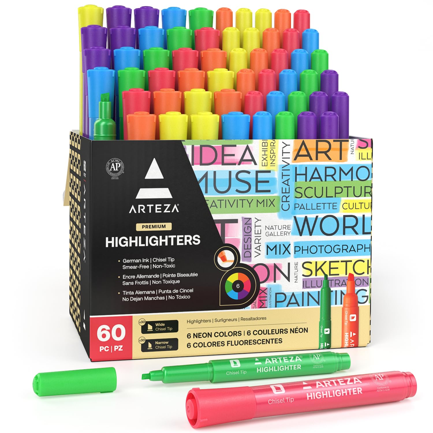 ARTEZA Coloured Highlighter Pens, Set of 60, Wide and Narrow Chisel Tips, 6 Assorted Neon Colours