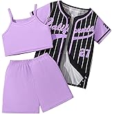Hilinker Girls Graphic 3 Piece Outfits Short Sleeve Striped Cardigan and Crop Cami with Shorts Set