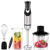 Bonsenkitchen Immersion Blender with Food Processor,12 Speeds &amp; Turbo Mode | 4-In-1 Hand Blender with Stainless Steel Blade, Beaker &amp; Chopper Bowl, Stick Mixer for Baby Food,Smoothies, Soups &amp; Sauces