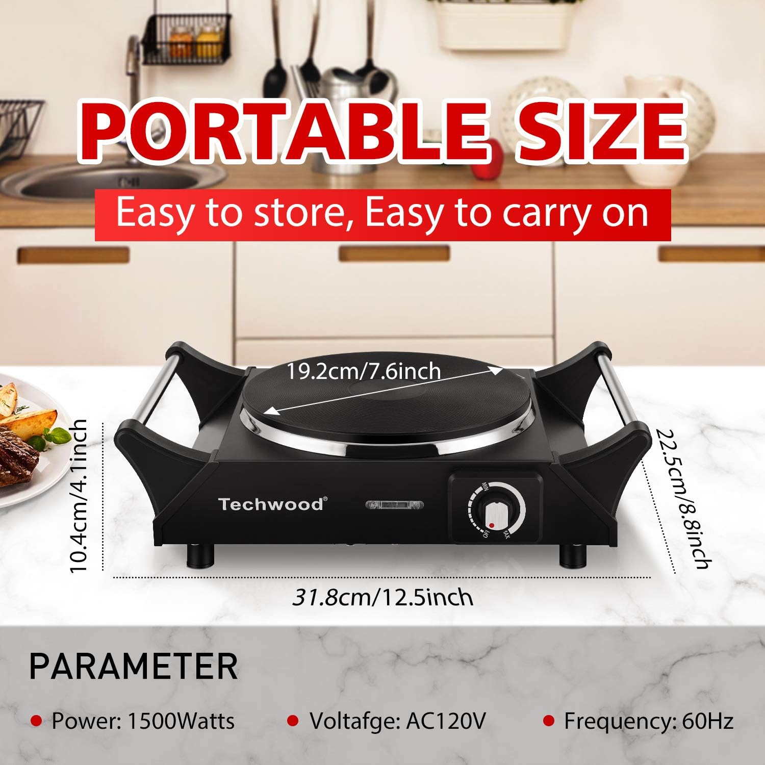 Techwood Hot Plate Portable Electric Stove 1500W Countertop Single Burner with Adjustable Temperature & Stay Cool Handles, 7.5” Cooktop for Dorm Office/Home/Camp, Compatible for All Cookwares: Kitchen & Dining