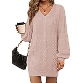 Saodimallsu Womens Oversized Mini Sweater Dress Casual V Neck Cable Knit Long Lantern Sleeve Fall Tunic Pullover Sweaters