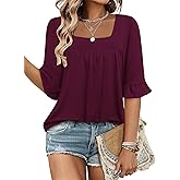 Bulotus 3/4 Length Sleeve Womens Tops Square Neck Ruffle Sleeve Blouses Dressy Casual Vacation Beach Tunic Clothes