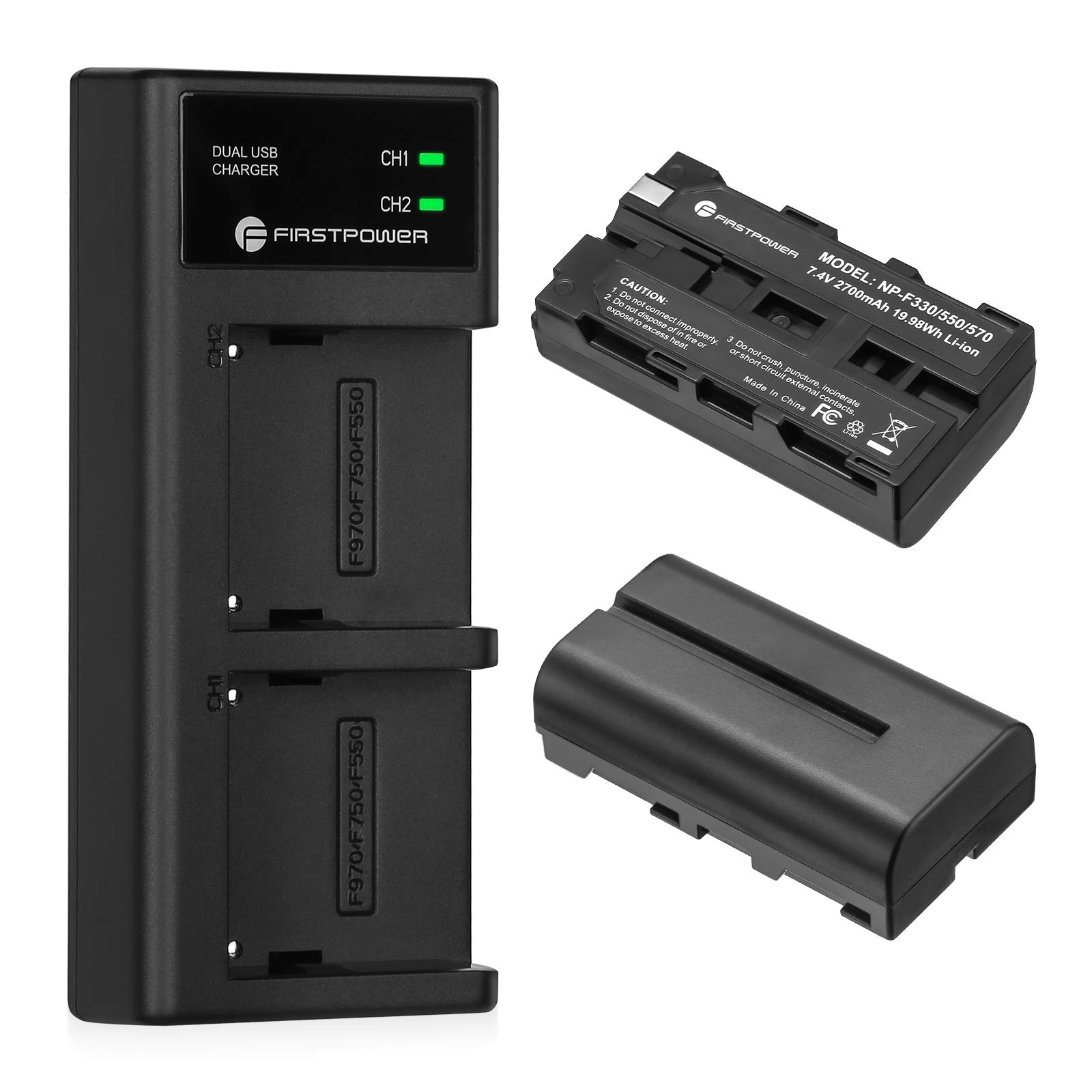 Photo 1 of FirstPower NP-F550 Battery 2-Pack and USB Dual Slot Charger Compatible with Sony NP F570, F550, F530, F970, F960, F770, F750, F330, CCD-SC55, TR516, TR716, TR818, TR910, TR917
