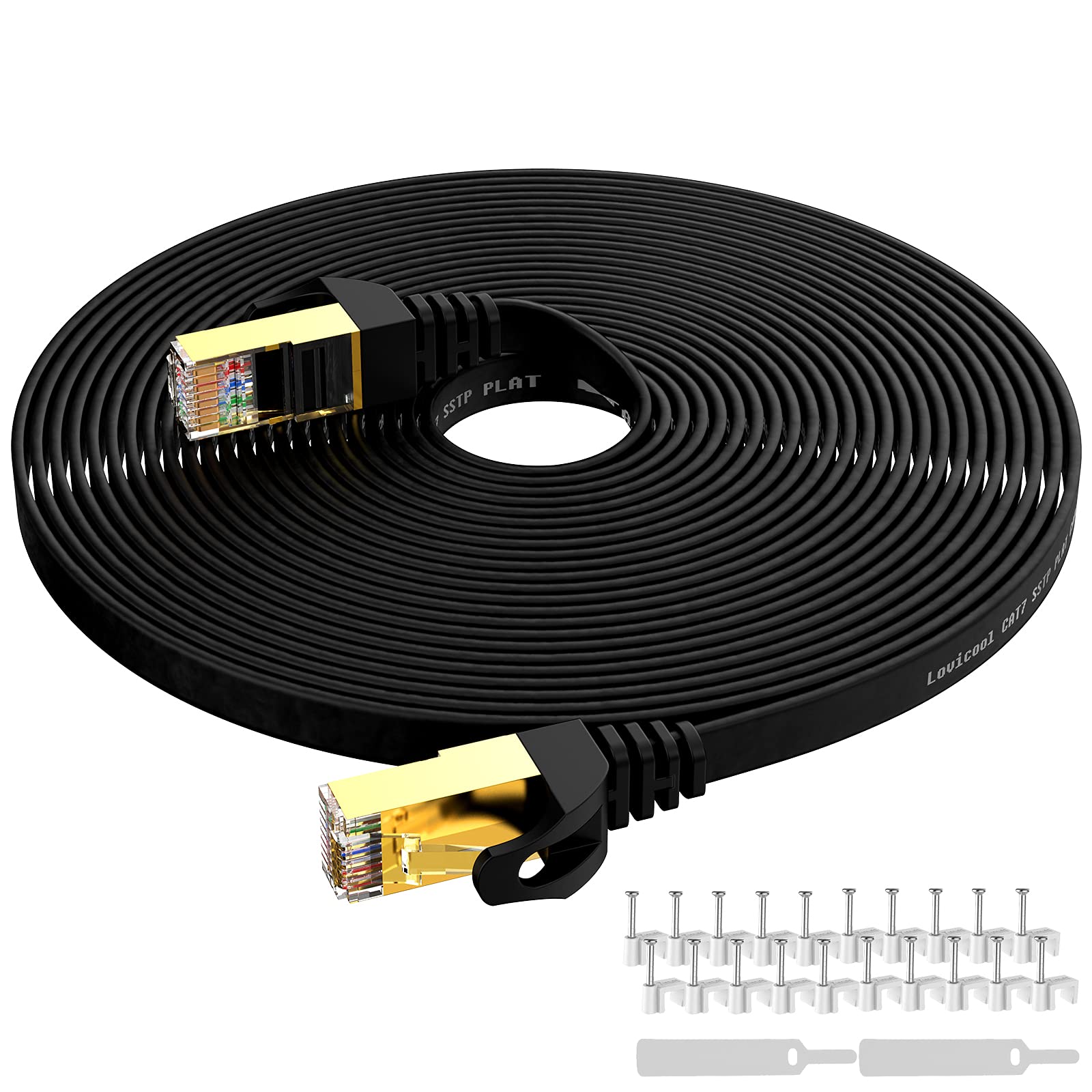 Lovicool Cat 7 Ethernet Cable 20m,High-Speed Flat Cat7 Gigabit RJ45 LAN Patch Cord 65ft with 10Gbps 600Mhz/s FTP POE for Internet, Router, Modem, Smart TV, PC & Laptop PS5 PS4 Switch Modem-Black
