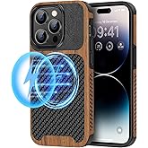 TENDLIN Magnetic Case Compatible with iPhone 14 Pro Max Case Wood Grain with Carbon Fiber Texture Design Leather Hybrid Slim Case (Compatible with MagSafe) Black