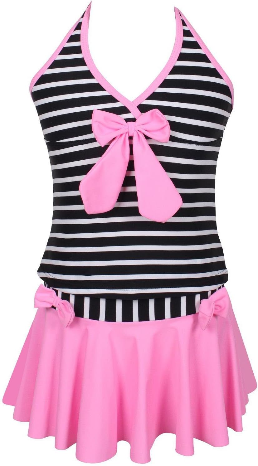 qyqkfly Girls Elegant Inspired Colorful Two Piece Stripe Tankini Swimsuit (FBA)