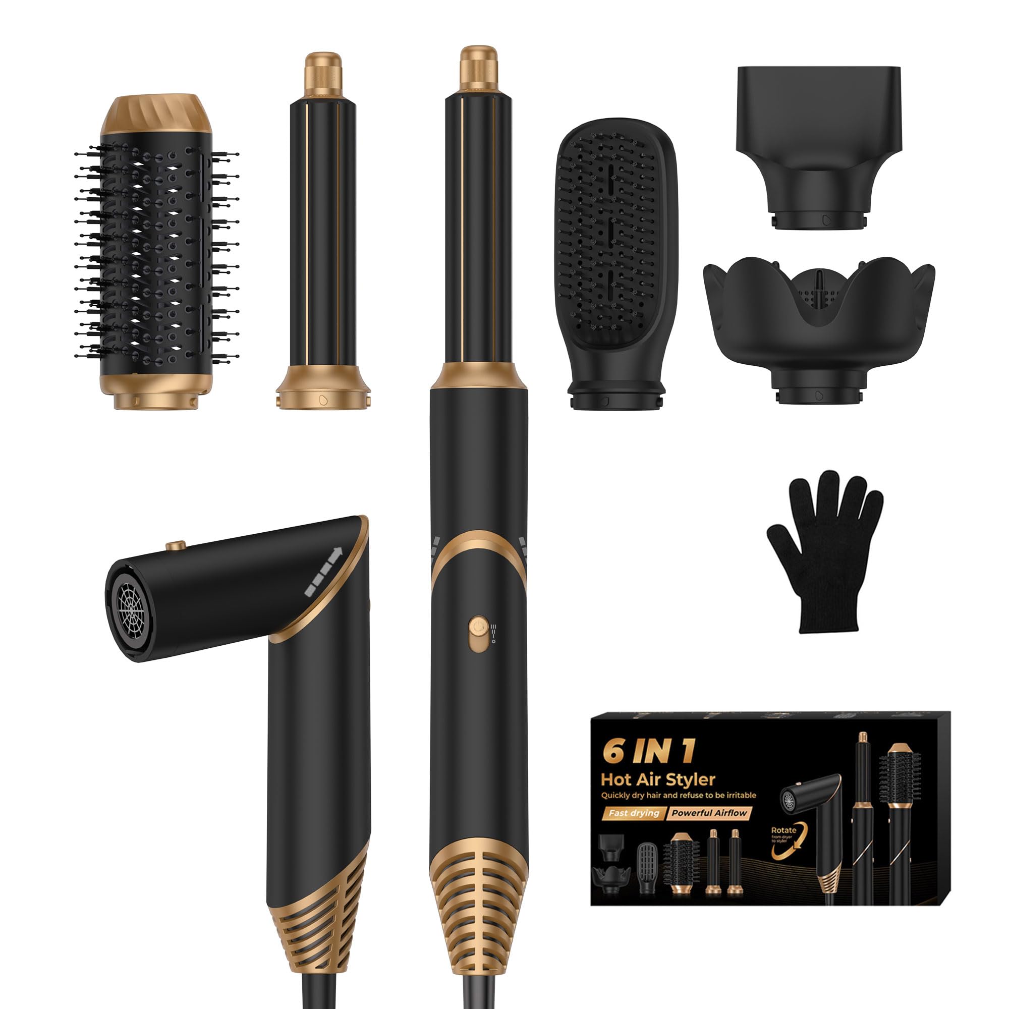 Photo 1 of 6 in 1 Hair Dryer Brush, Foldable Blow Dryer Brush with Wrap Curler, Detachable Air Hair Styler Curling, Drying,Volumizing, Straightening, Negative Ionic Hair Dryer with Diffuser, Hair Styling Tools