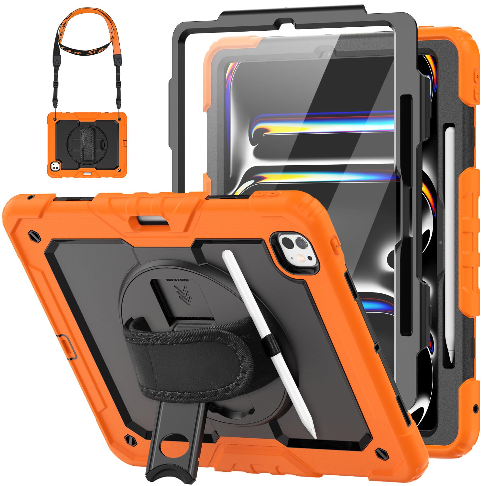 Photo 1 of HXCASEAC Case for iPad Pro 13 Inch Case 2024 (M4), Shockproof Design with Pencil Holder/Screen Protector/Rotating Hand Strap, Protective Cover for iPad Pro13 7th Gen (A2925, A2926, A3007) - Orange