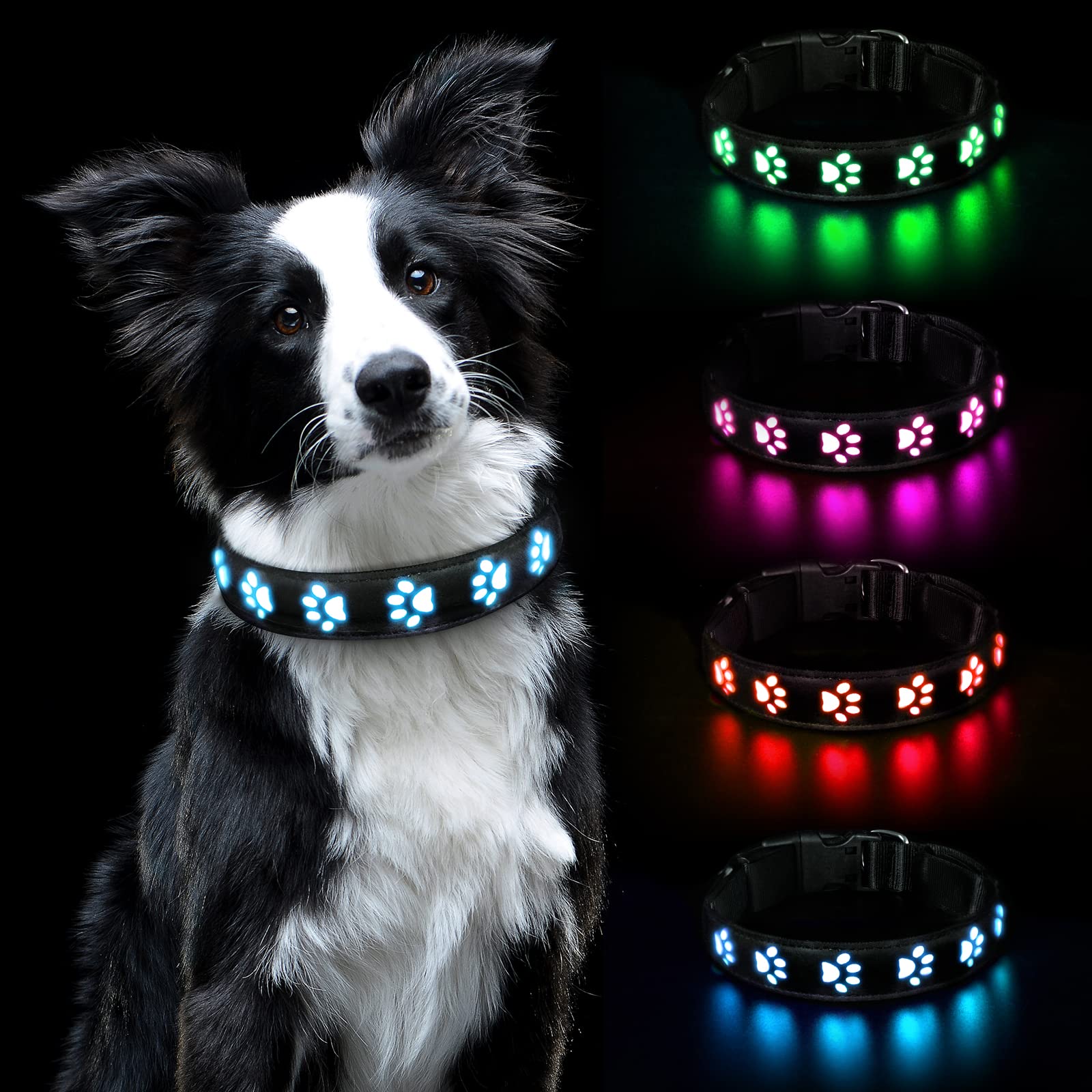 AUAUY Light Up Dog Collar, LED Dog Collar Light USB Rechargeable, Waterproof Flashing PVC Leather Adjustable Glowing Super Bright Dog Light Up Collar for the Dark for Small Medium Large Dogs (Blue-M) — image 1