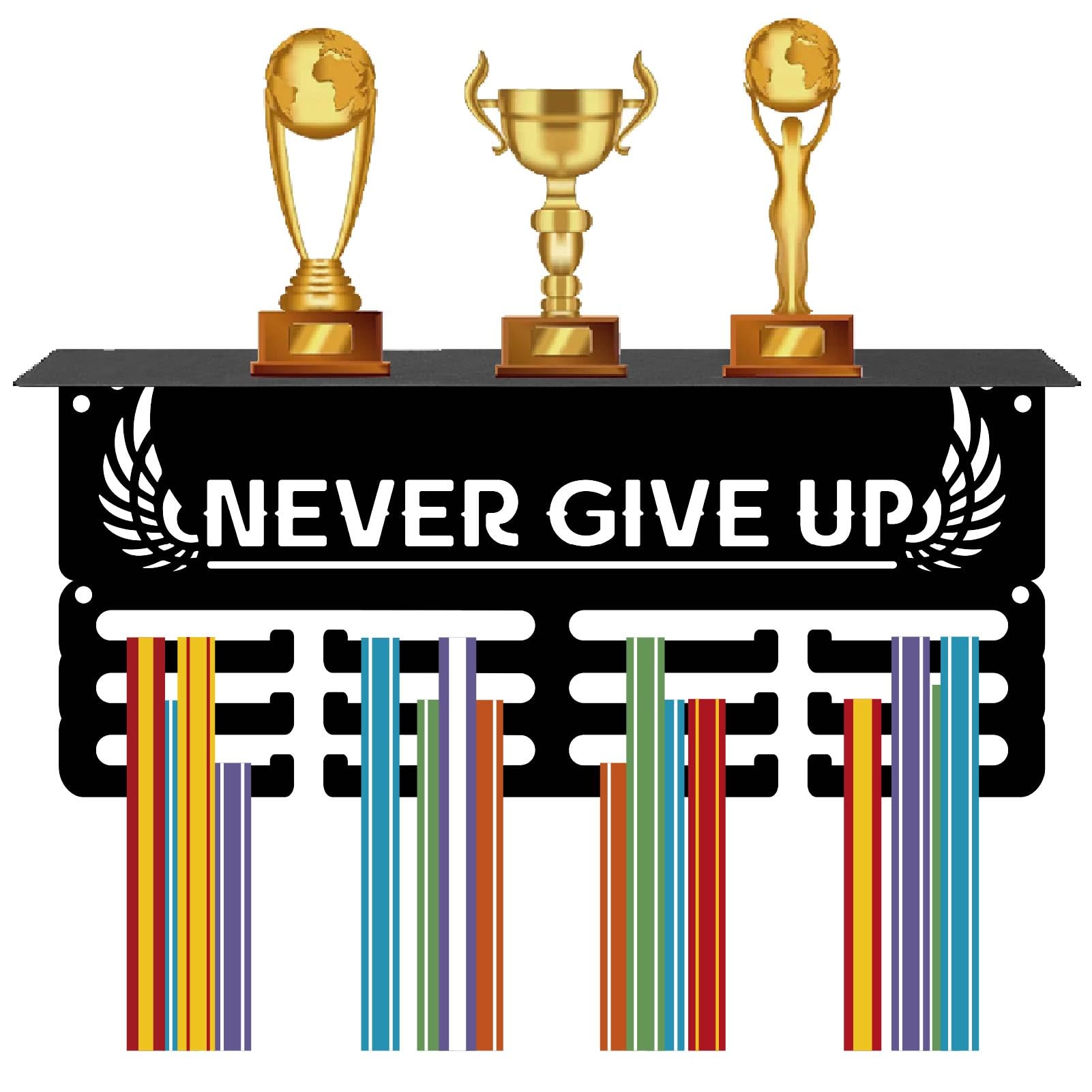CREATCABIN Medal Holder Trophy Shelf Medal Hanger Display Hanging Awards With Shelf Stand 3 Lines Design Hold 70+ Medals Sports Running Cycling Football for Winner Medalist 11.4x5.1 Inch-Never Give Up