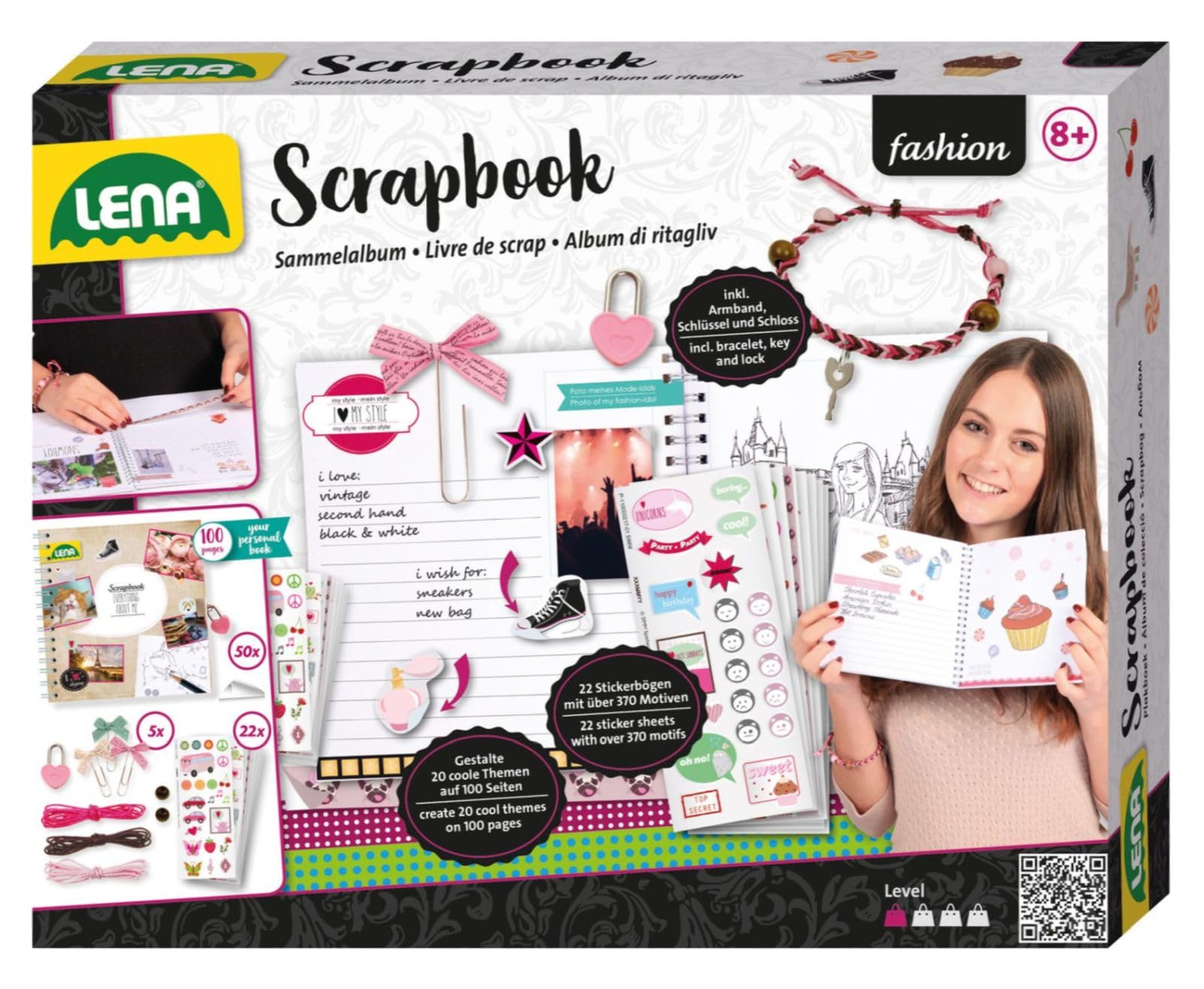 Lena 42331 - Craft set Scrapbook large, complete with album, lock, 22 sticker sheets with 370 stickers, photo corners, ribbon clips and accessories for bracelets, creative set from 8 years