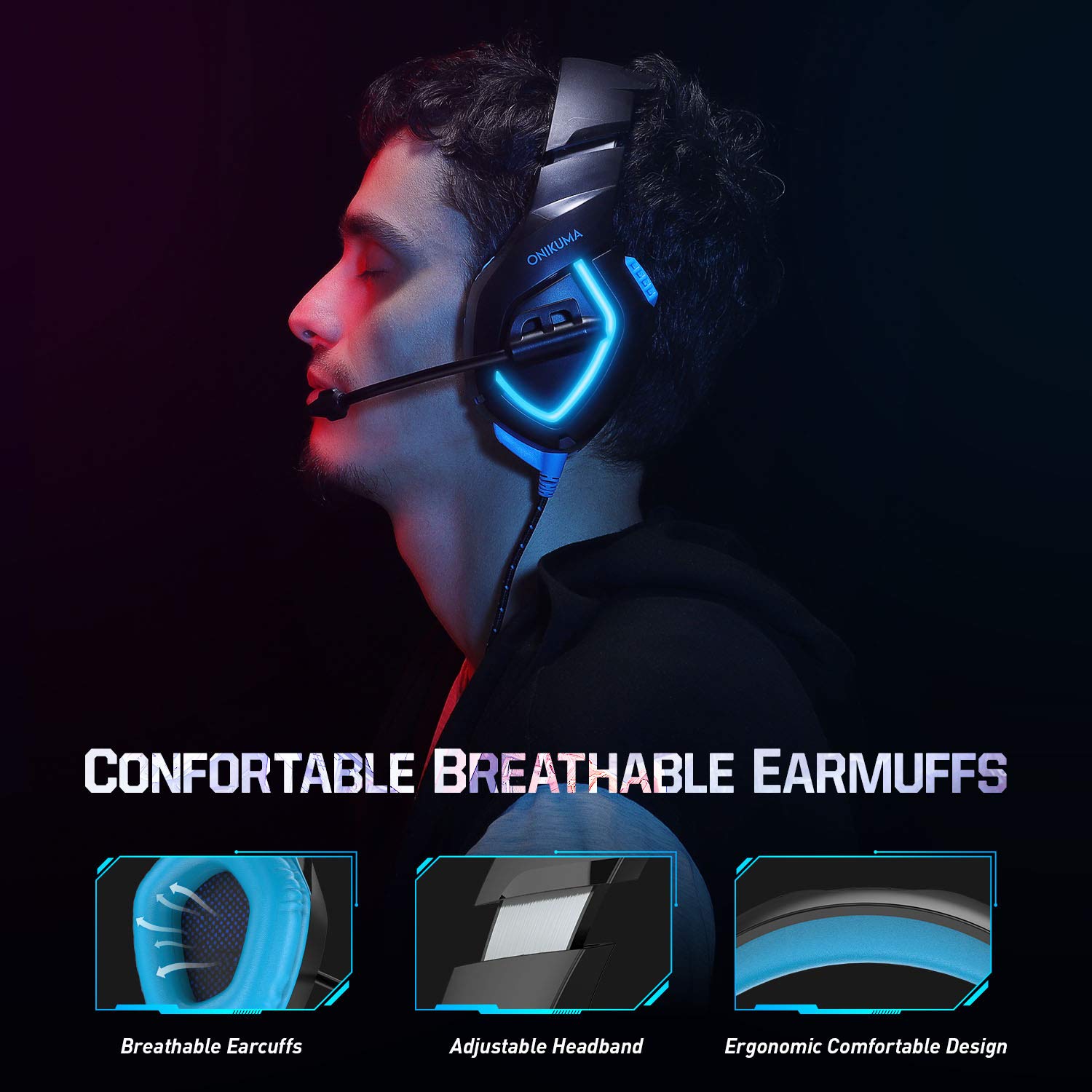 Gaming Headset with Stereo Sound Noise Cancelling Mic Over Ear Headphones for New Xbox One PC Mac OS PS4 Table Phone (K1B-Blue)