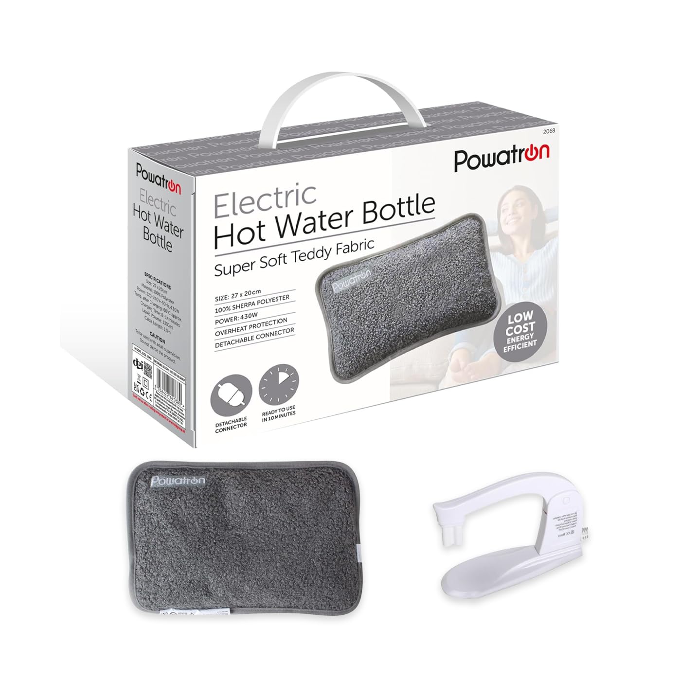 POWATRON Rechargeable Electric Hot Water Bottle - Soft & Cosy Hand Body Warmer Massaging Heat Pad, Prefilled, Over-Heat Protection Electric Water Bottle - Hot Water Bottles for Pain Relief