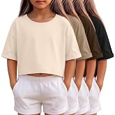 Oakgarden 4 Pack Girls Crop Tops | Loose, Rolled Sleeve Shirt, Summer Fashion, Crewneck, Short Sleeve, Kids Basic, Back to School Tee