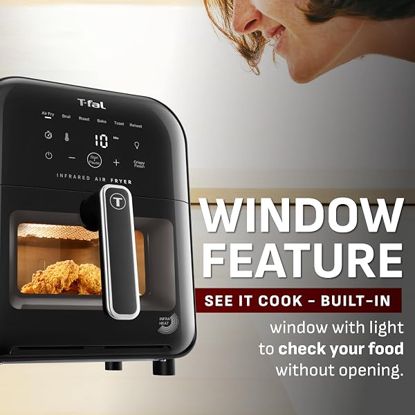 T-FAL INFRARED AIR FRYER, PREMIUM UNDERHEAT TECHNOLOGY, 5 LITER, NO PREHEAT, VISIBLE WINDOW, 7 COOKING PROGRAMS, EXTRA CRISP, FASTER, JUICIER, EY8158U0