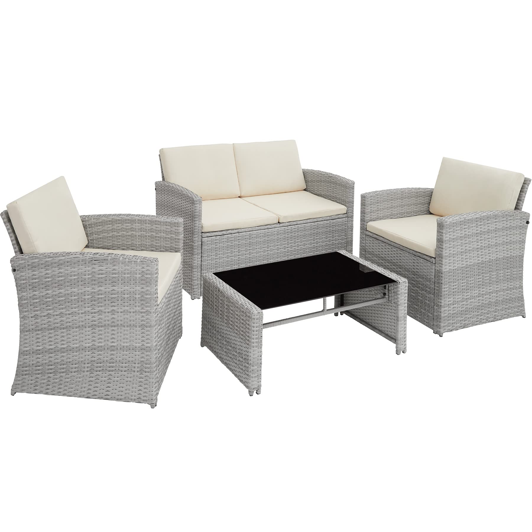 TecTake-800905-Conjunto-de-Ratan-para-4-Personas-2-Sillones-1-Sofa-1-Mesa-Tablero-Cristal-Incluye-Cojines-y