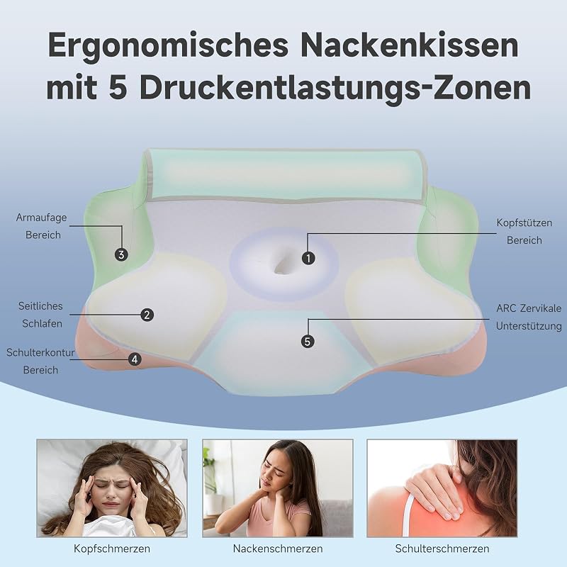 Almofada cervical e de pescoço, confortável e ergonómica, almofada ergonómica para dormir de lado, costas e abdómen, (39 * 60 * 10/12cm)