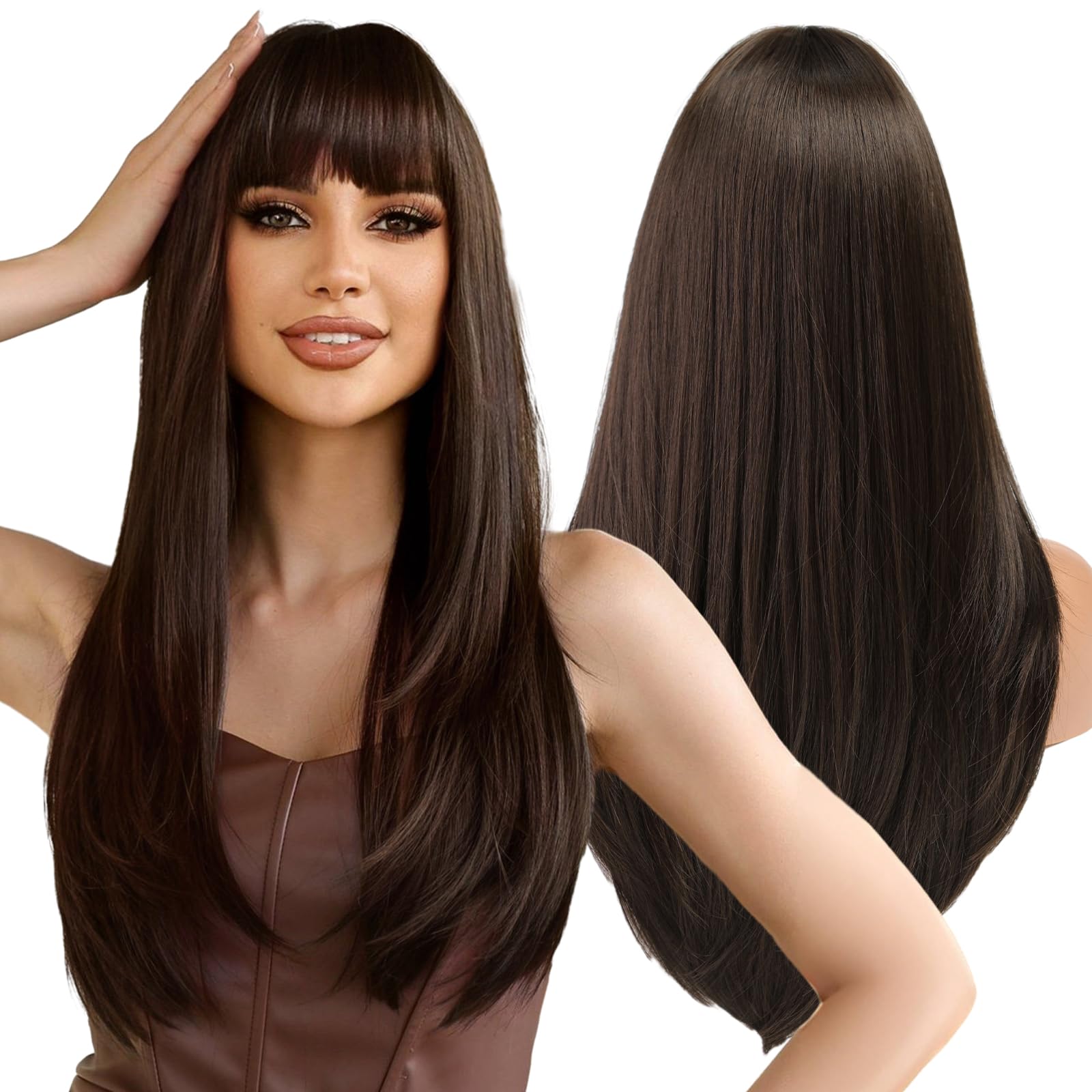 WOKESTAR Brown Wigs for Women Layered Straight Long Wig with Fringe
