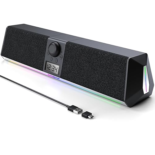 SOULION R80 Computer Speakers for Desktop, USB-powered PC Speaker with LCD Digital Clock, Bluetooth PC Soundbar with Colourful Lights for Laptop, Tablet, Smartphone