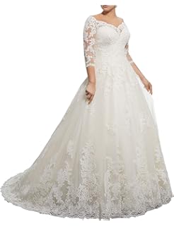 Vestido de Novia con Cuello en V con Mangas 3/4 Vestido de Novia con Tallas Grandes Vestidos de Novia Largos
