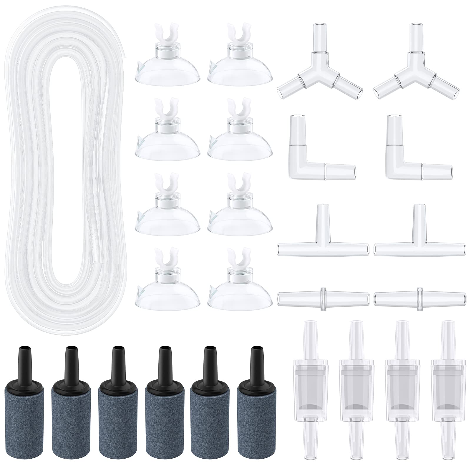 Pawfly Aquarium 7.5 M Airline Tubing Standard Air Pump Accessories Set with Air Stone Cylinders Connectors Suction Cups and Check Valves for Fish Tank Aeration Setup
