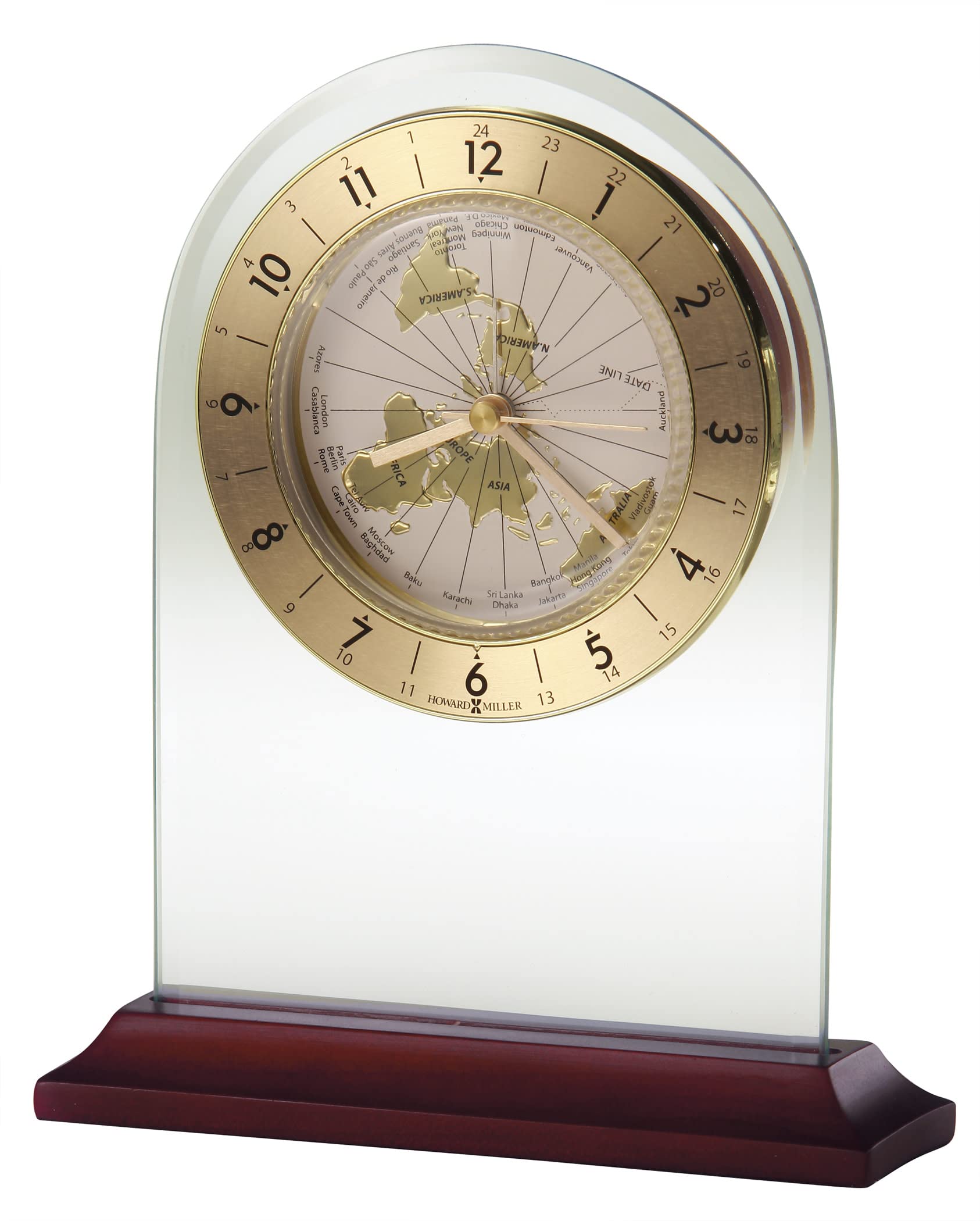 Howard Miller World Time Arch Table Clock by 645-603 - Beveled Glass Arch, Satin Rosewood Base, Circular Spun Brass Finished Numeral Ring, Quartz Movement