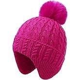 MEJORMEN Toddler Baby Winter Hat with Earflap Kids Warm Twisted Knit Beanie with Pom Pom Kids Ski Hat for Infant Girls Boys