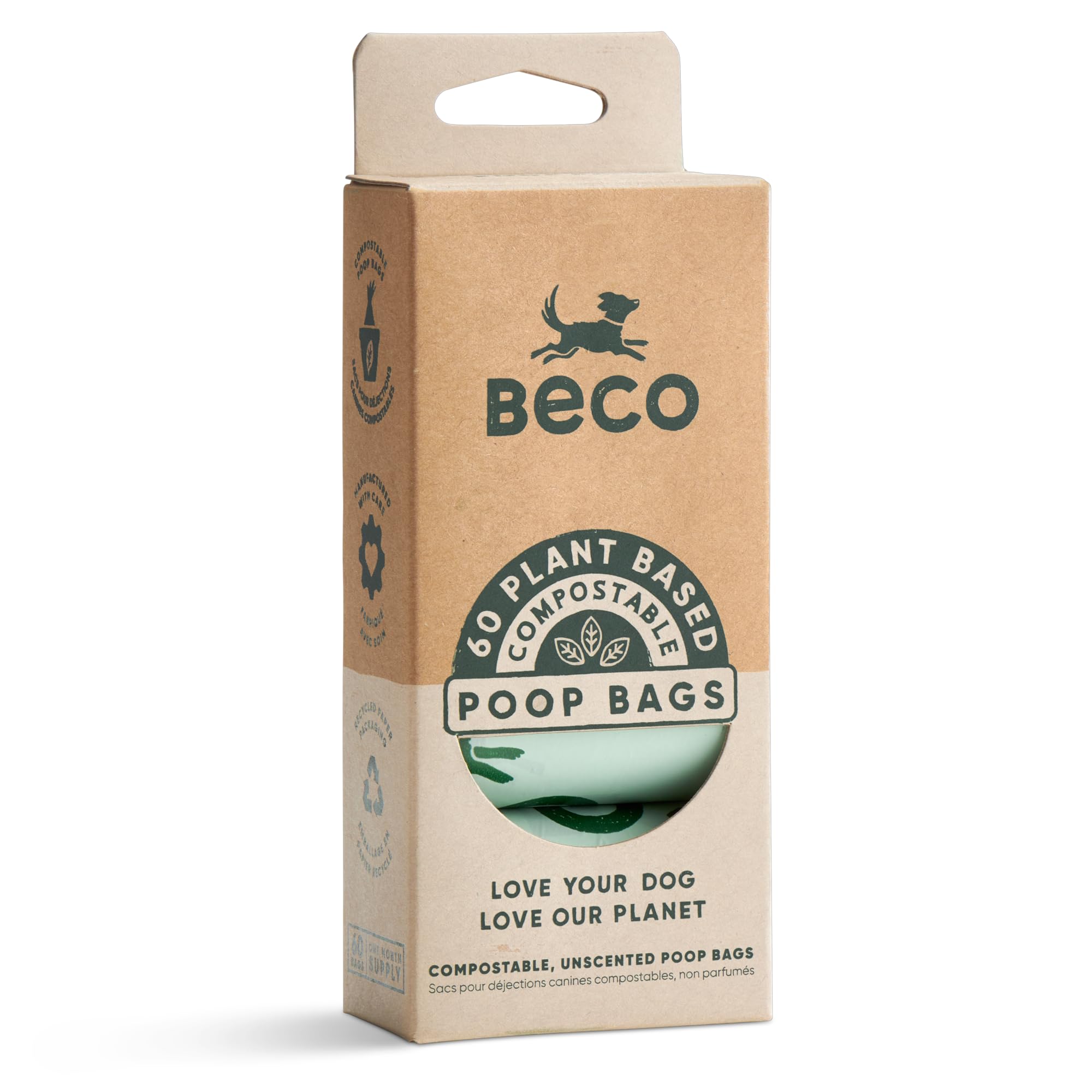Beco Super Strong & Large Poop Bags | Home Compostable & Unscented Dog Poo Bags | 60 Refill Rolls [4 x 15] | Dispenser Compatible