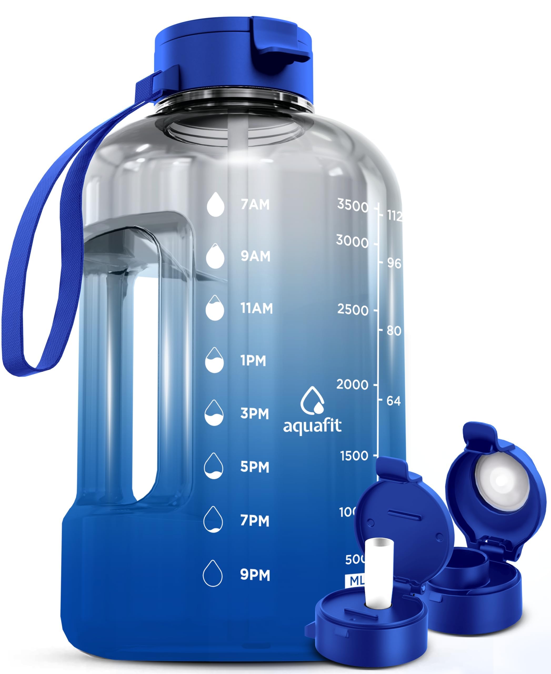 Photo 1 of AQUAFIT 1 Gallon Water Bottle with Time Marker - Straw & Chug Lid - BPA Free Gym Water Bottle with Straw - Big Gallon Jug (Blue Skies, 128 oz - 2 Lids)