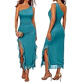 DRESSTELLS Women Formal Wedding Guest Long Cocktail Party One Shoulder Mesh Ruched Bodycon Maxi Ruffle Slit Dress